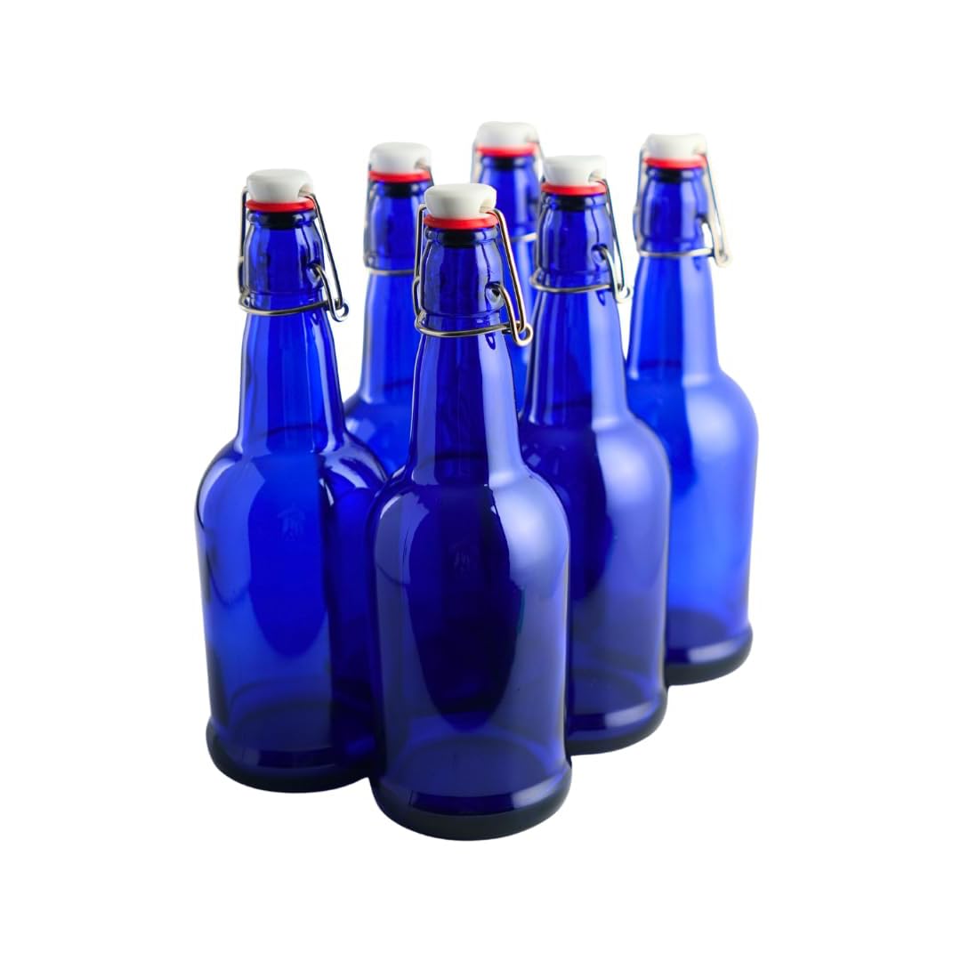 FastRack 33 oz Blue Swing Top Glass Bottles (Pack of 6) | Flip-Top Airtight Bottles with Resealable Grolsch-Style Caps | Reusable Glass Bottles for Kombucha, Beer, Mead, Soda, Vinegar & Water