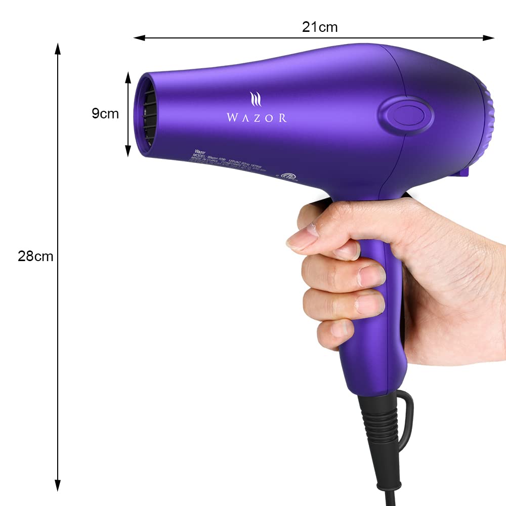 Wazor Lightweight Hair Dryer with Diffuser, Negative Ionic Professional 1875W Blow Dryer with 2 Speed 3 Heat Settings Cool Shot Purple