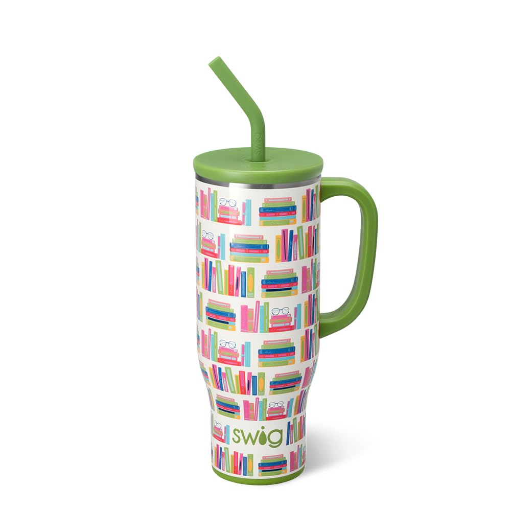 Swig Life 30oz Mega Mug, 30oz Teacher Tumbler with Handle and Straw, Large Insulated Tumblers, Cup Holder Friendly Travel Mug, Stainless Steel 30 oz Tumbler (Book Club)