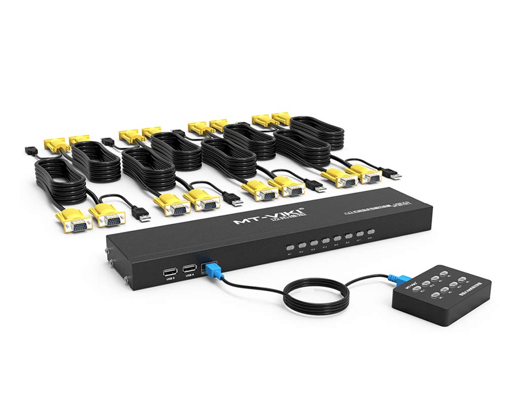 MT-VIKI KVM Switch 8 Port, 8X1 Rackmount KVM Switch VGA, Included 8 2-in-1 KVM Cables & Wire-Desktop Selector & Power Adapter, Fit 1U 19'' Rack
