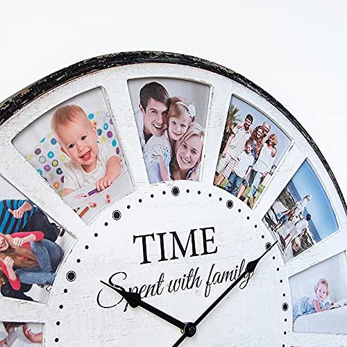 JUMBO HUMBLE 12 Photo Collage Family Wood Wall Clock, Rustic Farmhouse Wall Clock, Large Oversized Wall Clocks for Home, Kitchen, Living Room, Silent Battery Powered 24 Inch White