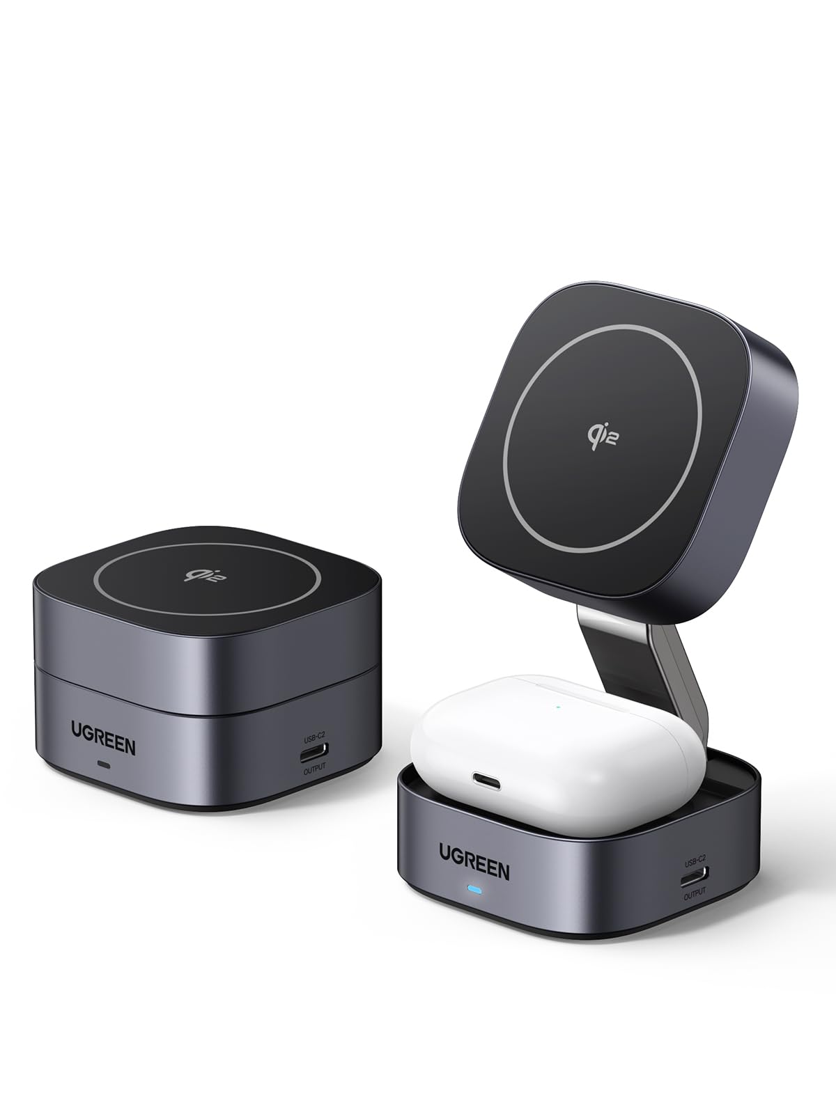 UGREEN MagFlow Qi2 Magnetic Foldable Charging Station, 2-in-1 Fast Wireless Charger Compatible with iPhone 17/17 Air/17 Pro/17 Pro Max 16 15 14 13 12, Airpods3 2 Pro (No AC Adapter), Dark Grey