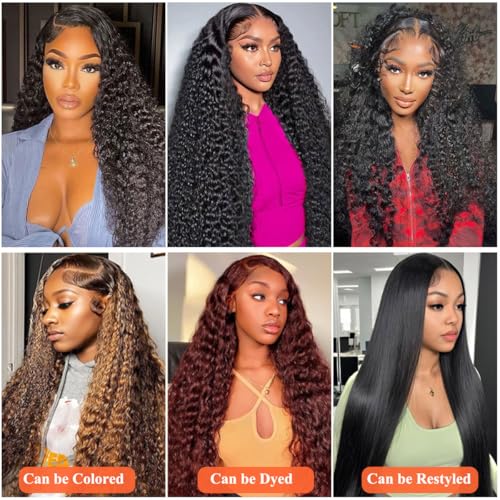 30 Inch Deep Wave Lace Front Wigs Human Hair 13x6 HD Lace Front Wigs Human Hair for Women Natural Color Deep Curly Human Hair Wig 180% Density Transparent Lace Frontal Wig Pre Plucked with Baby Hair
