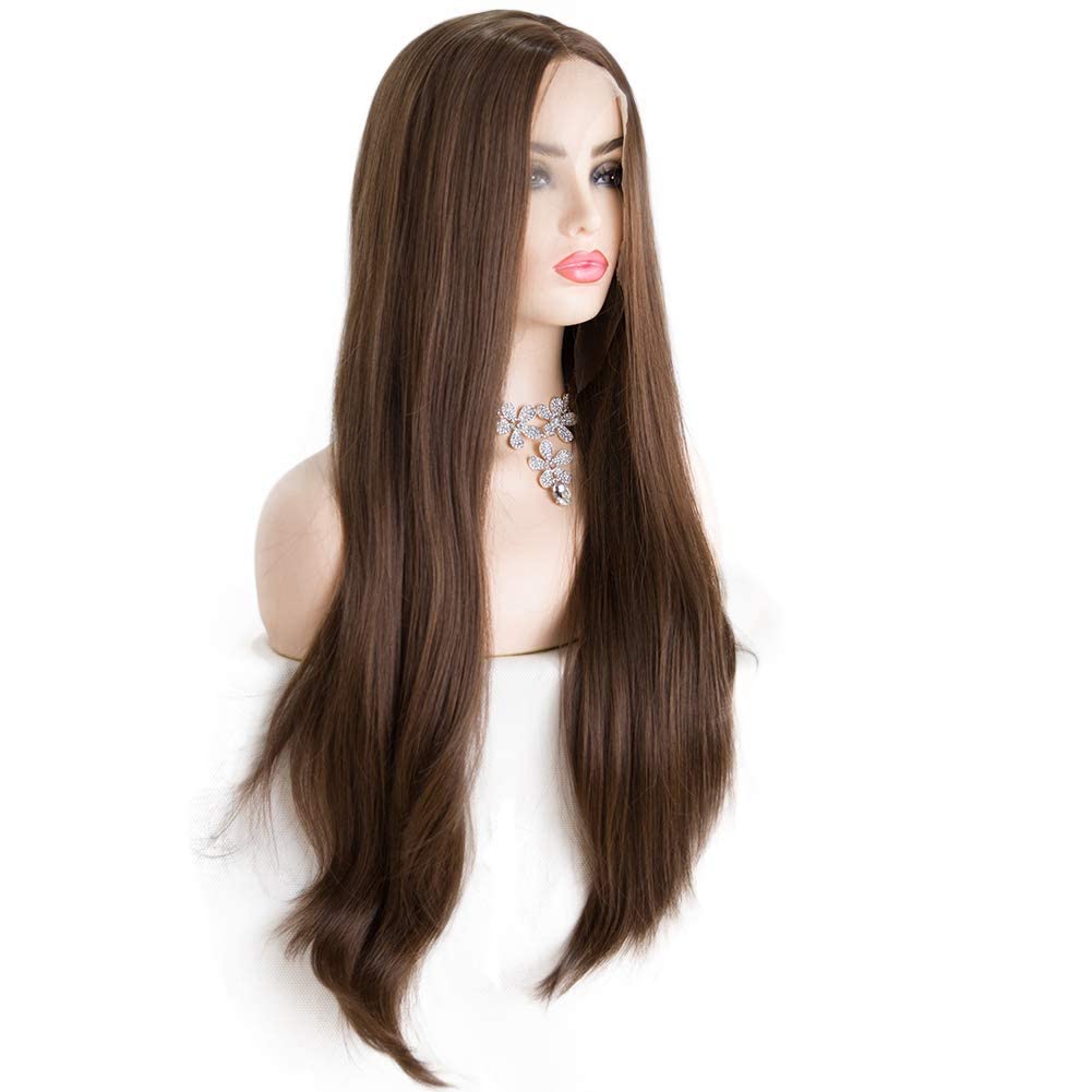 Kalisa Angle Lucky Brown Lace Front Wig for Women Synthetic Brown Long Straight Middle Part Wig Heat Resistant Fiber Glueless Makeup Cosplay Soft Wigs 26 Inch