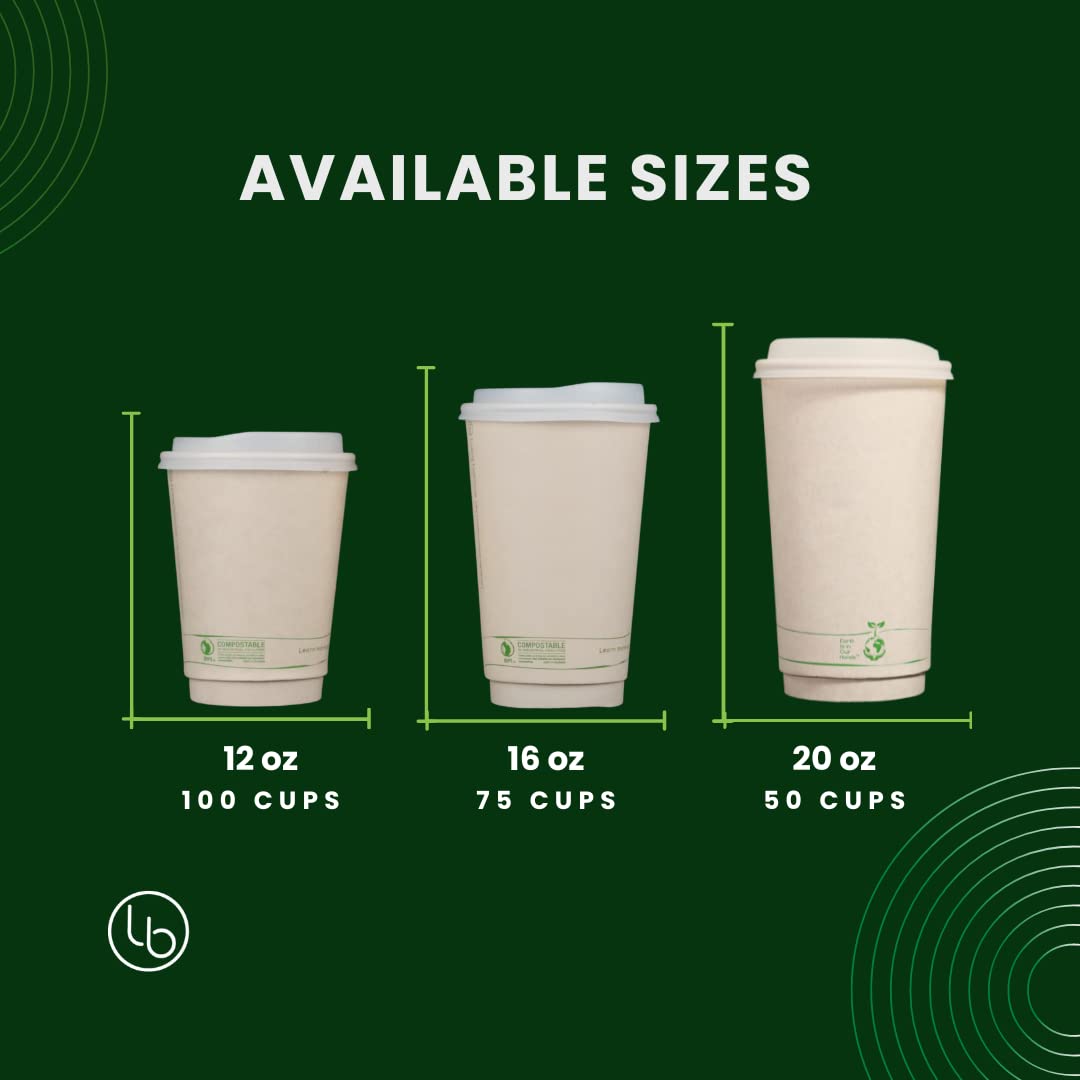 Certified Compostable Coffee Cups by Living Balance | 12oz - 100 cups with Compostable Lids, Stirrers, and Integrated Sleeves