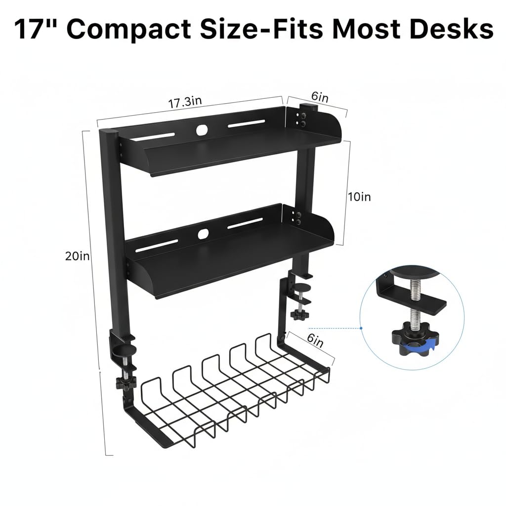Clamp On Desk Shelf, 17'' 2-Tier Desktop Organizer Shelf with Under-Desk Hidden Storage Basket, Heavy-Duty Desk Shelves for Top of Desk, Space-Saving Desk Storage for Home Office Gaming Setup (Black)