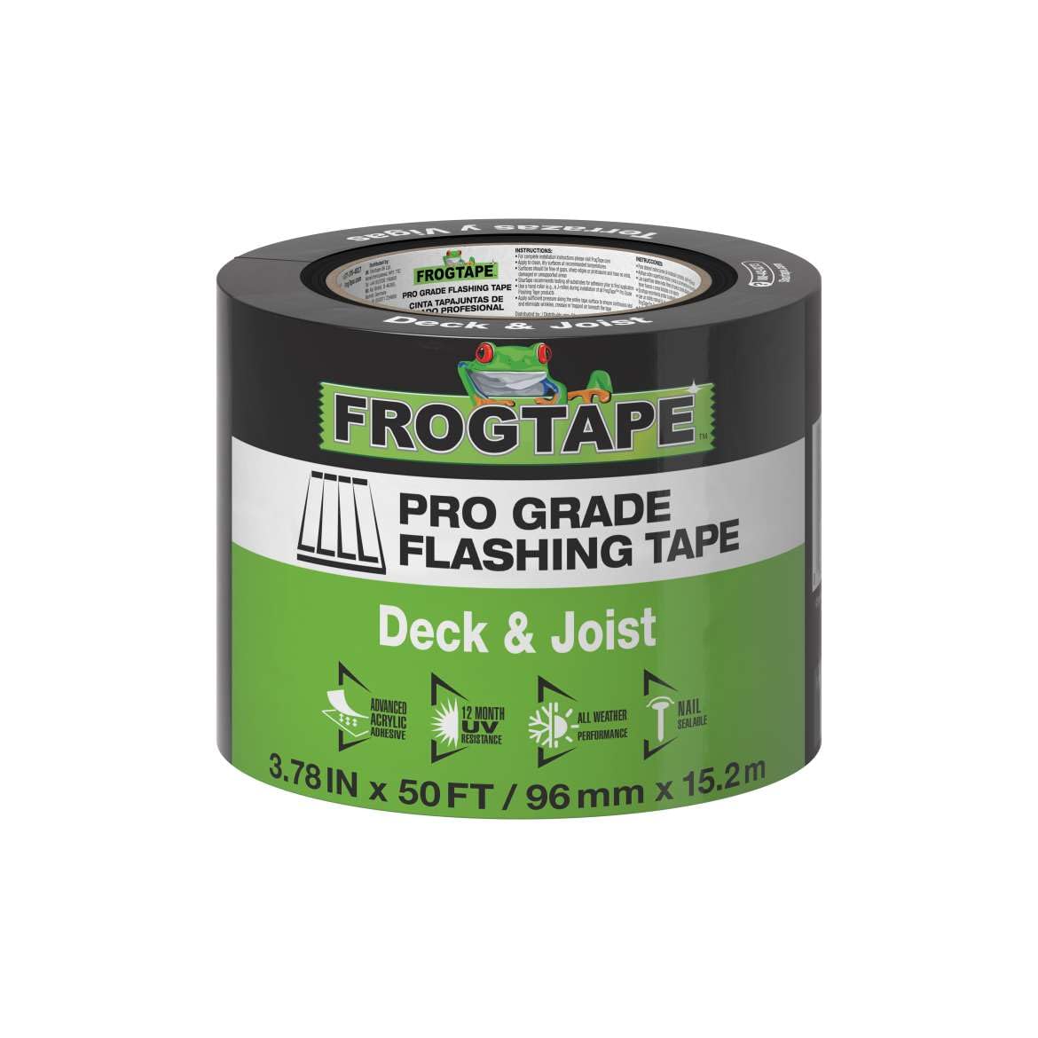 FrogTape Pro Grade Deck and Joist Flashing Tape - 4 Inch Width (3.78 in. x 50 ft) - All Weather & UV Resistant Linerless Tape for Decking, Wood, Beams with Advanced Acrylic Adhesive - 13 mils - Black