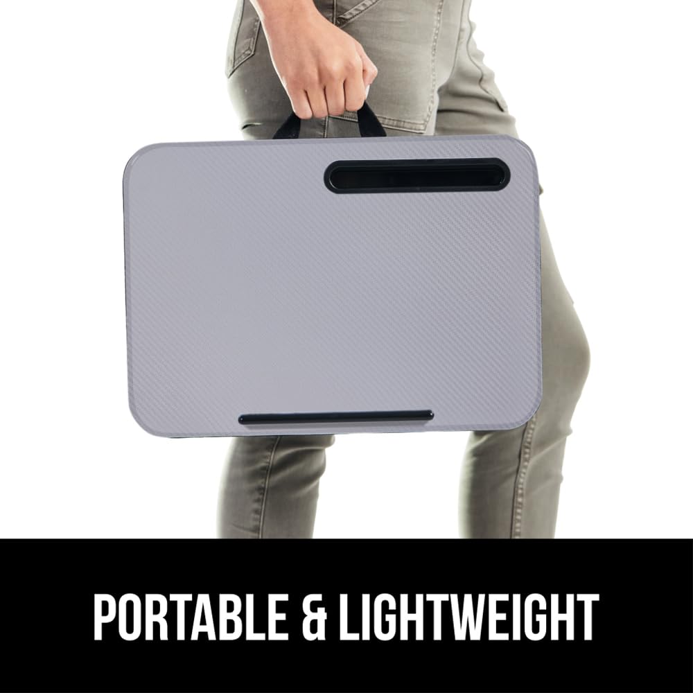 GORILLA GRIP Laptop Lap Desk with Phone Holder, Pillow Cushion Desks Fit Laptops up to 15.6", Tray Ledge Keep Computers in Place, Portable Travel Workstation Essentials for Home, Dorm Room, Gray