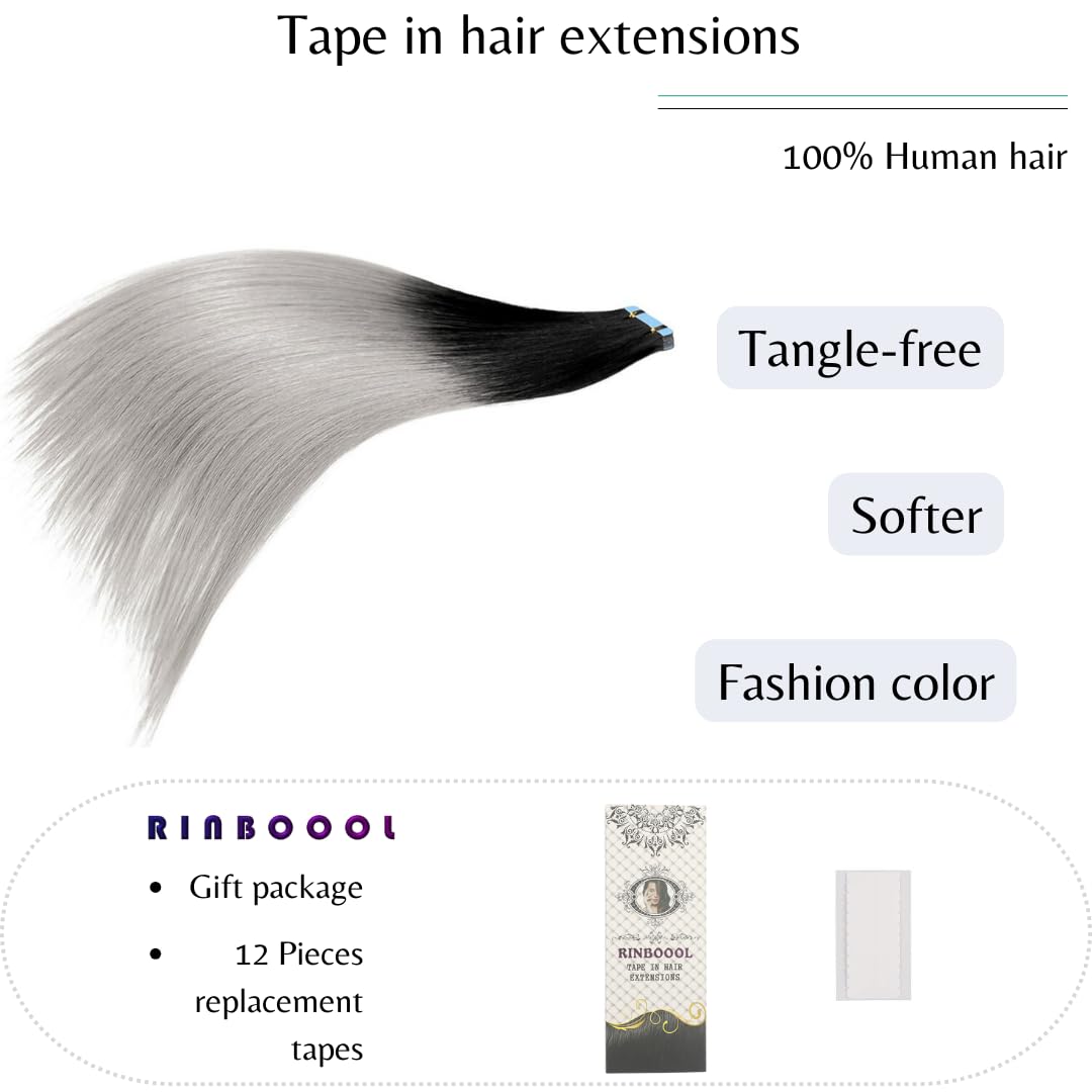 Rinboool Tape in Hair Extensions, Real Natural Remy Human Hair, Seamless Straight Pu Skin Weft, 14 Inch 40 Gram 20 Pieces, Ombre Black to Silver Grey