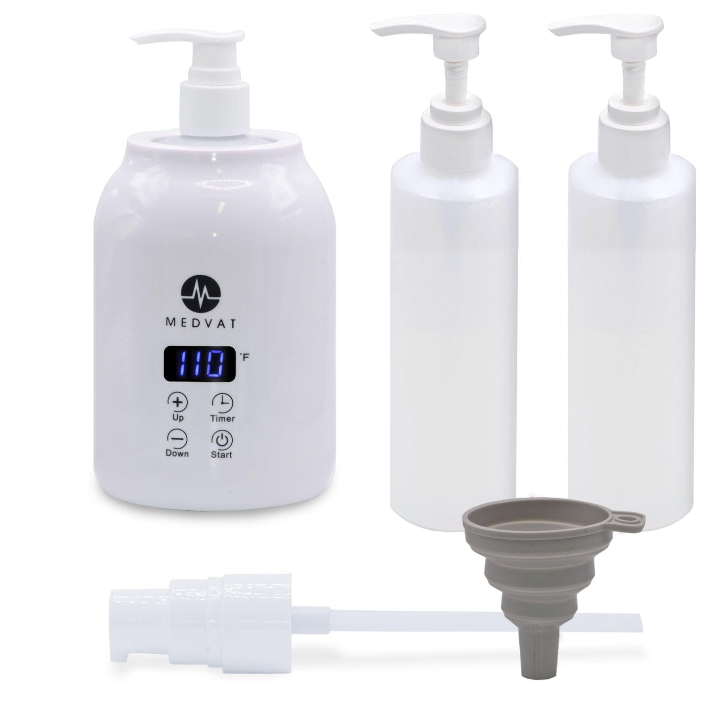 Medvat Gel Warmer with Digital Display, Built in Timer, Heater for Massage Cream, Lotion, & Oils, Adjustable Temperature for Home & Spa, Includes 2 Bottles, 2 Pumps, 1 Lathering Pump & Funnel