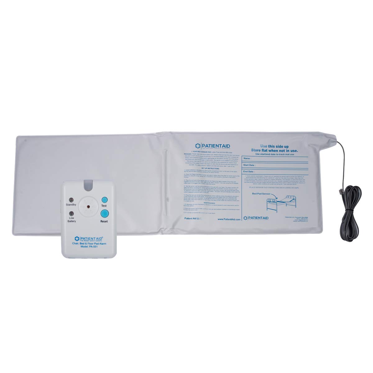 Patient Aid Advanced Bed and Floor Alarm for Elderly Monitoring - 10" x 30" Underpad with Motion Sensor Bed Alarm, 3 Ring Chime & 3 Mounting Options, with AC Adapter & 9V Battery
