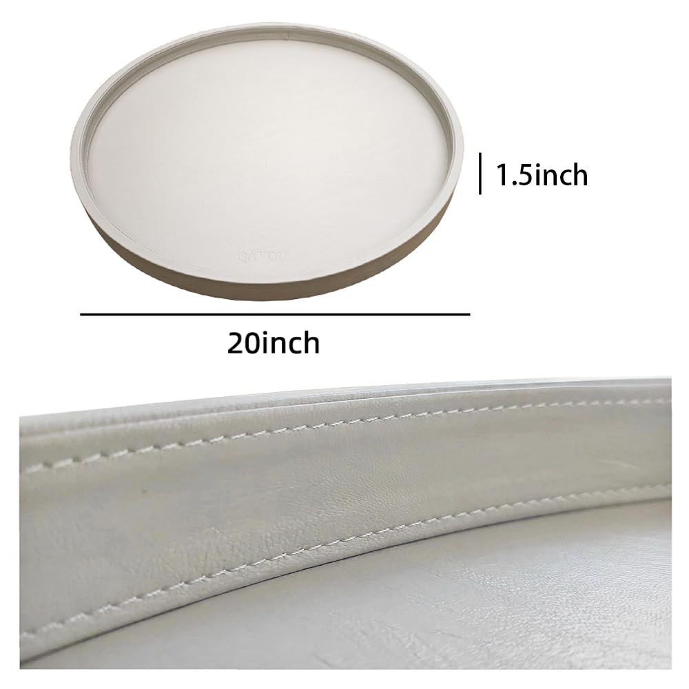 QAVOL 20 Inch Round Ottoman Tray - Faux Leather Large Serving Tray for Couch/Coffee Table, Family Dinner, Picnic, Party Decor (20 inch Beige)
