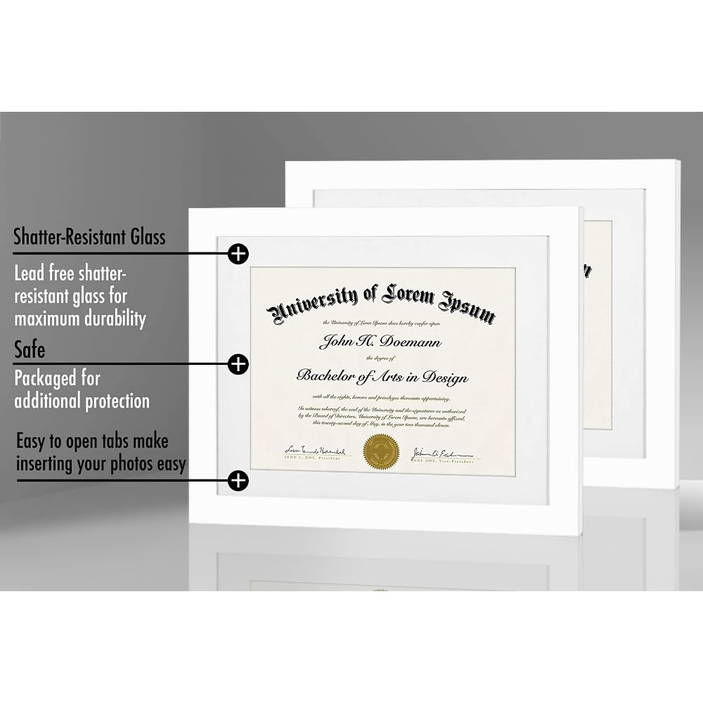 Americanflat 11x14 Diploma Frame with Shatter-Resistant Glass - Set of 2 - Use as 8.5x11 Frame with Mat or Display 11x14 Documents Without Mat - Certificate Frames with Engineered Wood - White
