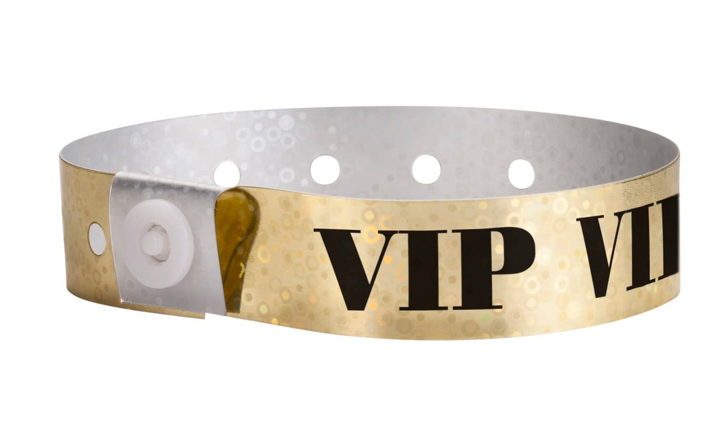500 WristCo Premium Holographic Gold VIP Plastic Secure Snap Wristbands - 5/8" x 10" - Adjustable Size Event Bracelets, Waterproof, Durable, Wrist Bands for Waterparks Concerts Festival