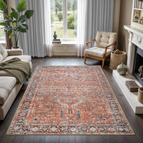 GLN Rugs Traditional Collection - Machine Washable Area Rug, Traditional Washable, Non Slip, Low Pile Chenille Rug, Living Room, Bedroom, Kitchen Rug (2'6"x7' Terra Cotta)