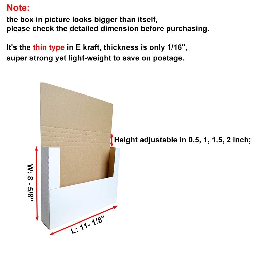 CH-BOX 50 Pack 11 1/8" x 8 5/8" x 2" Cardboard Easy-Fold Shipping Box Mailers, Letter-Size Height Adjustable for Comics Books Photos, White (EM1182)