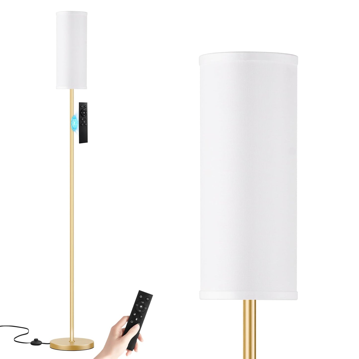Ambimall 64'' Floor Lamps for Living Room with Remote Control and Stepless Dimmable Colors Temperature & Brightness, 9W Bulb Included(White Lampshade & Gold Pole)