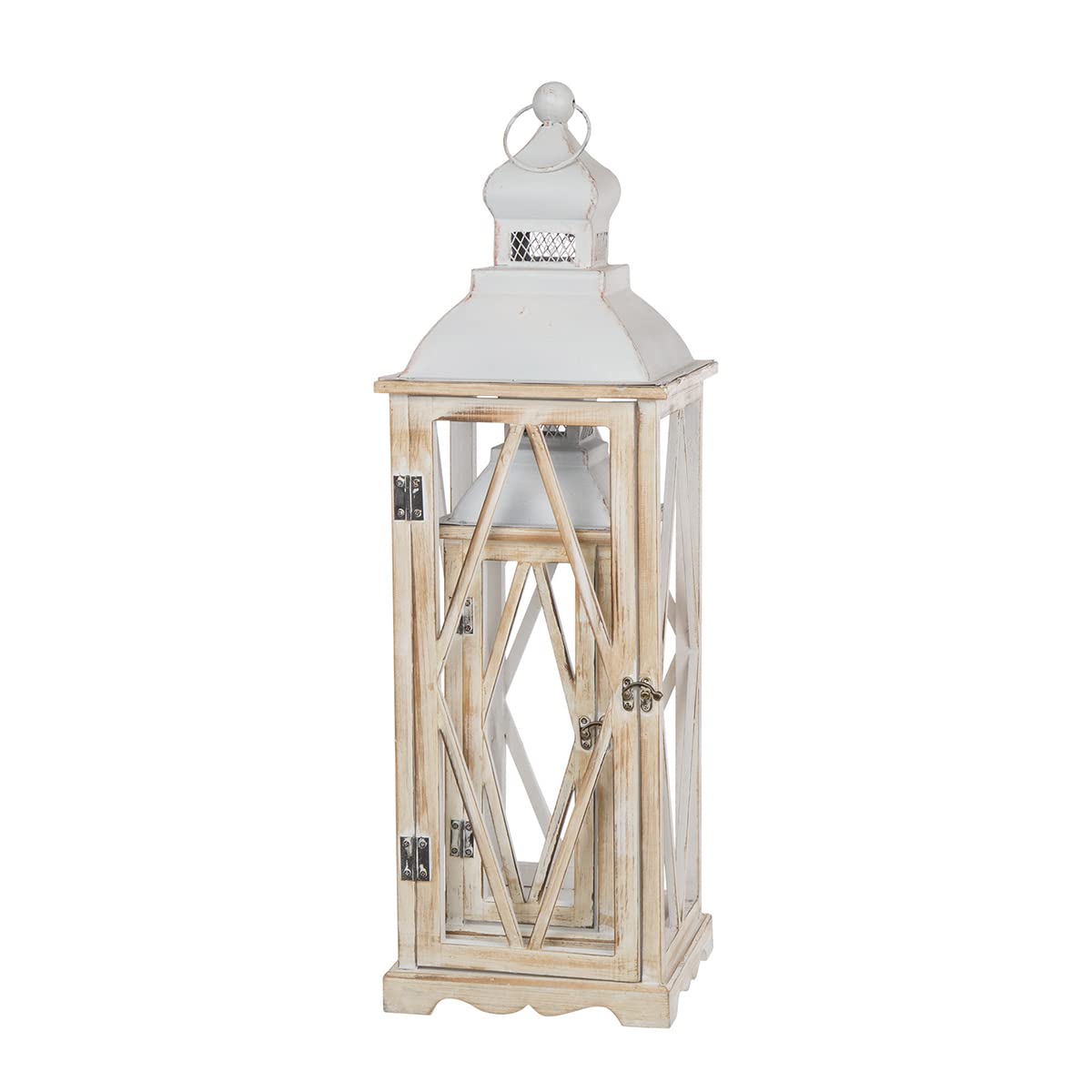 Glitzhome Large Farmhouse Wooden Metal Lantern Set of 2, 28.74" H/20.47" H Rustic Decorative Floor Candle Lanterns, Distressed Hanging Lanterns for Home Décor White (No Glass)