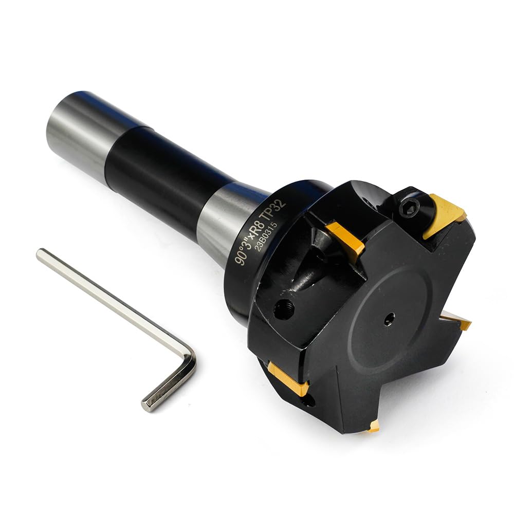 YUFUTOL Indexable End Mill with 5 Pcs TPCN32PDTR TPG32 Carbide Inserts, 3"Cutting Diameter, 90 Degree, R8 Shank, 5 Flutes