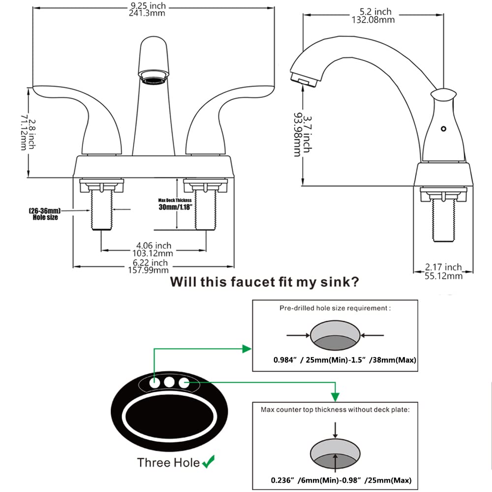 Phiestina Brushed Gold 4 Inch Centerset 2 or 3 Holes 2 Handle Bathroom Faucet, Bathroom Faucet with Copper Pop Up Drain and Water Supply Lines, BF008-5-BG