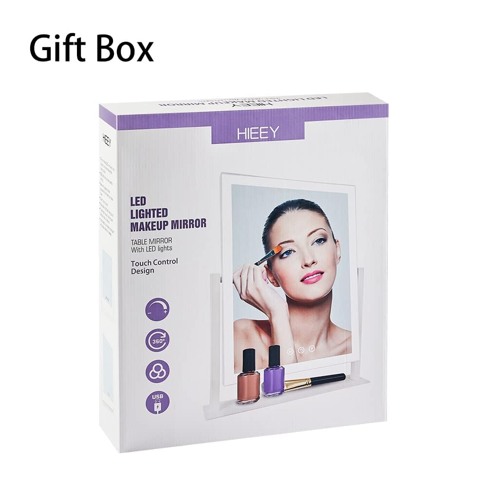 HIEEY Lighted Makeup Mirror, Hollywood Vanity Mirror with Lights, Three Color Lighting Modes, with 4in 20X Magnification Mirror, Smart Touch Control, 360°Rotation (17.4in,White,Gift Box)
