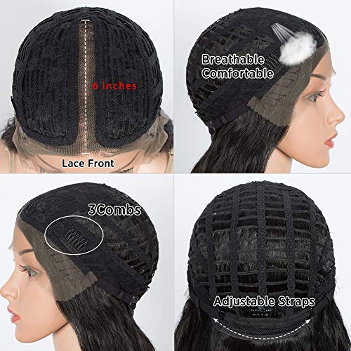 DÉBUT Lace Front Wigs 30 inches Water Wave Super Long Synthetic Wigs with Baby Hair Heat Resistant 240g 6 inches Lace Parting 150% Density (Natural Black)
