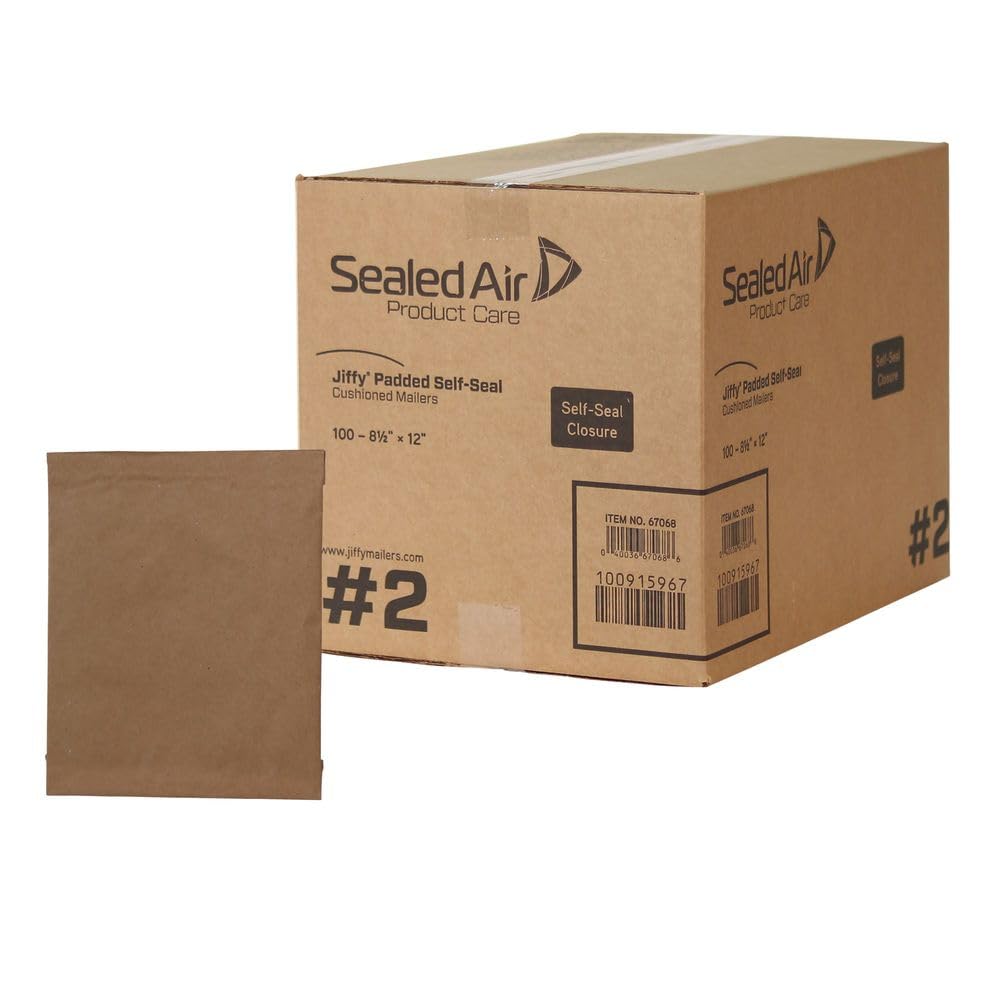 Sealed Air Jiffy Padded Shipping Mailers, Case of 100, Self Seal Heavy Duty Recycled Cushioned Mailing Envelope, #2-8.5" x 12", Kraft