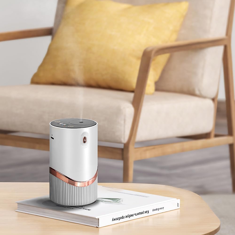 Waterless Essential Oil Diffuser - Aroma Diffuser for Car, Portable Smart Scent Air Machine 1/2/3 & Continuous Mist, Anti-TIPP, Timer Setting and Auto-Off Function (White)
