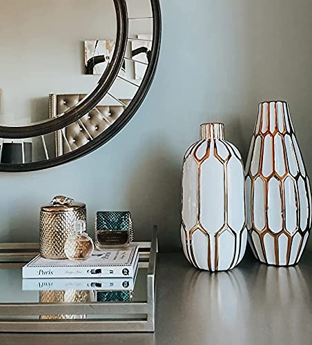Signature Design by Ashley Mohsen Honeycomb Ceramic 2 Piece Bottle Neck Vase Set, White & Gold