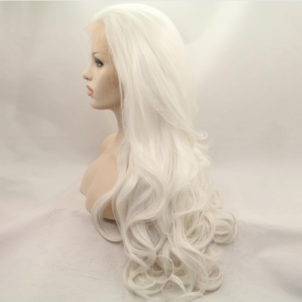 Xiweiya Blonde Lace Front Wig Long Body Wavy White Blonde Synthetic 13x4 Lace Front Wig 60# Platinum Blonde Half Hand Tied Heat Resistant Hair 180% Density Hair Replacement for Women Drag Queen 24inch