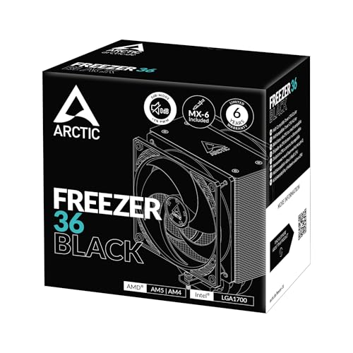 ARCTIC Freezer 36 (Black) - Single-Tower CPU Cooler with Push-Pull, Two Pressure-optimised 120 mm P Fans, Fluid Dynamic Bearing, 200–1800 RPM, 4 Heatpipes, incl. MX-6 Thermal Compound