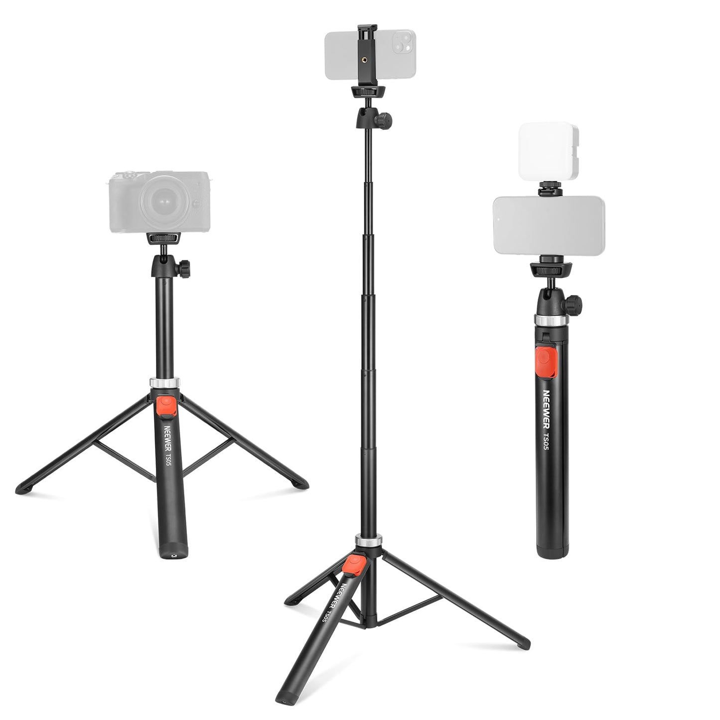 NEEWER Phone Tripod for Cell Phone & Camera with Remote, 62.9" All Metal Selfie Stick Travel Vlog Tripod Stand for iPhone with Phone Holder, Portable Camera Tripod for Canon Sony DLSR GoPro, TS05