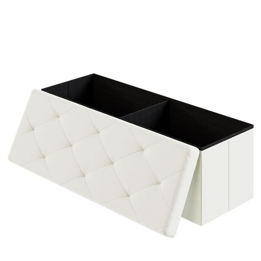 DUMOS 43 Inches Folding Ottoman with Storage Bench, Foot Rest Stool, End of Bed Storage Bench Upholstered, Load 660 lbs, for Living Room, Synthetic Leather, Beige