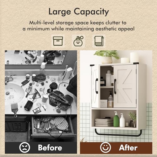 RUSTOWN Farmhouse Wall Storage Cabinet with Two Barn Door, Rustic Mounted Medicine Cabinet with Adjustable Shelf and Towel Bar, 3-Tier Wood Cabinet for Kitchen, Bathroom, Living Room (Washed Oak)