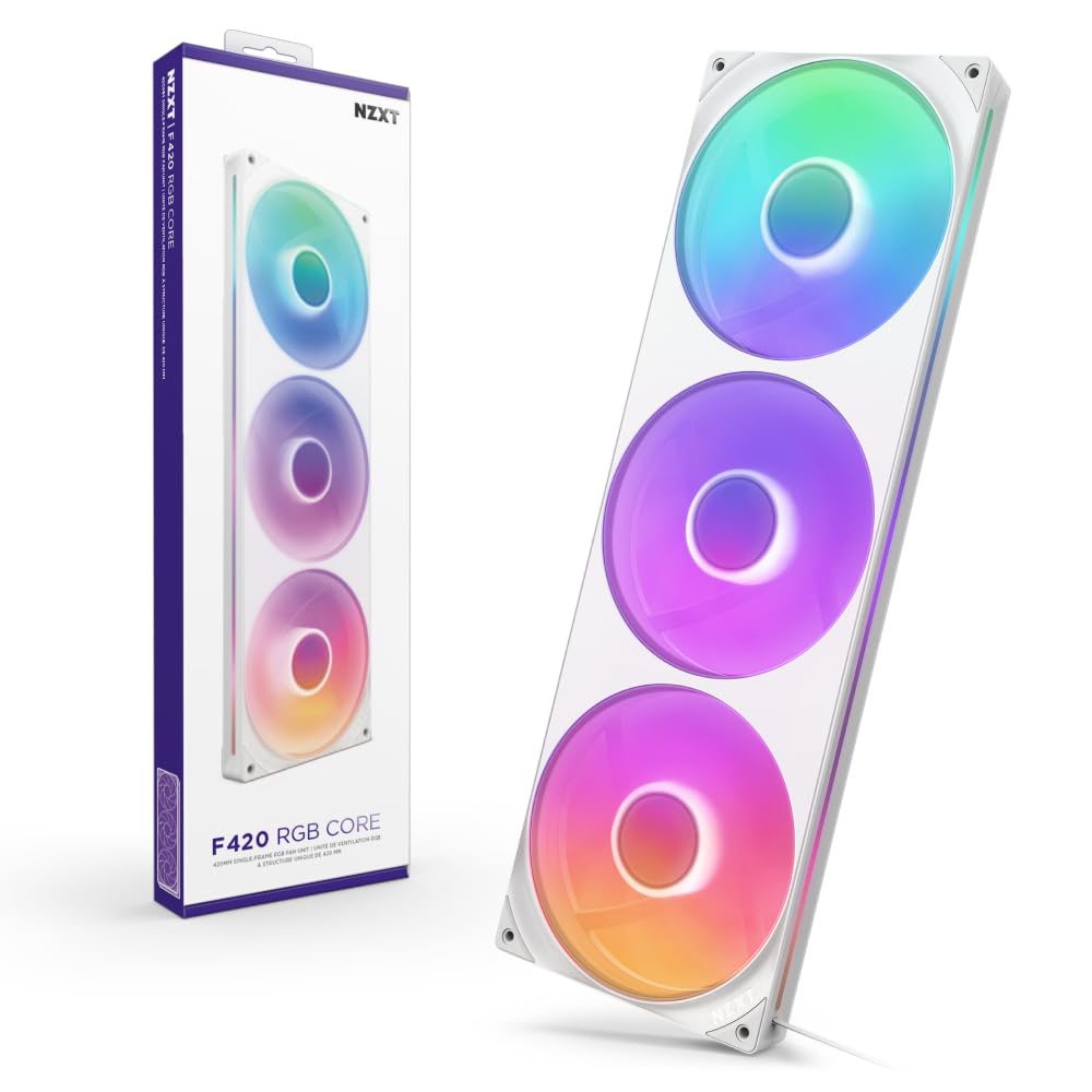 NZXT F420 RGB Core - 420mm Single-Frame Fan Unit with 3 x 140mm RGB Fans - Speed & Lighting Control - High Static Pressure & Airflow - Fluid Dynamic Bearings - 8 aRGB LEDs Per Fan - White