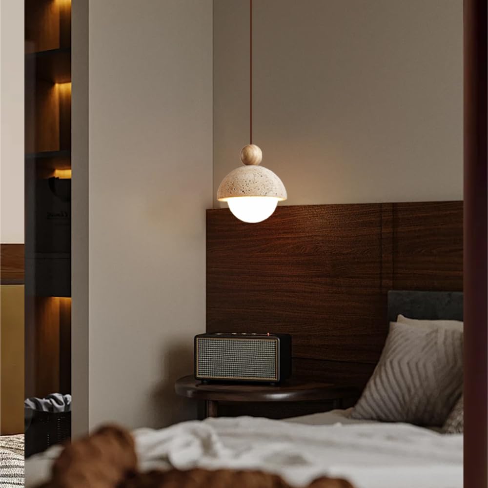 Spherical Wabi Sabi Pendant Light Natural Stone Retro Japanese Style Yellow Travertine Pendant Lighting Vintage Mini Wood Nordic Hanging Light for Kitchen Island Dining Room Bedroom Hallway Bedside