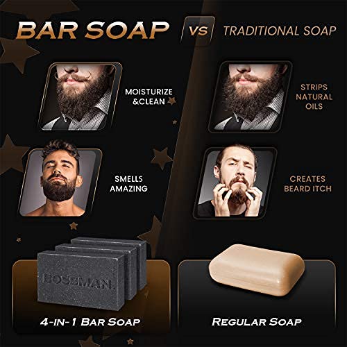 Bossman 6 Pack Men’s Bar Soap 4-in-1 – All Natural Organic Beard Wash, Shampoo, Body Wash, Shaving and Bath Soap - Essential Beard Care, Scent – Lavender and Patchouli