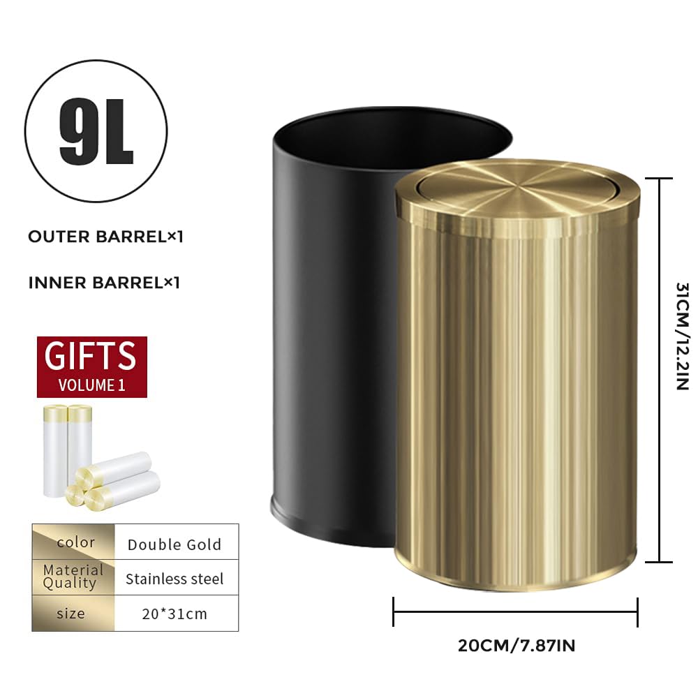 LEASYLIFE 9 Liter/2.4 Gallon, Small Gold Trash can with Swing lid, Brass Bathroom Trash can, Bedroom Garbage bin,Trash bin for Office, Living Room,Bathroom，Restaurant Bathroom