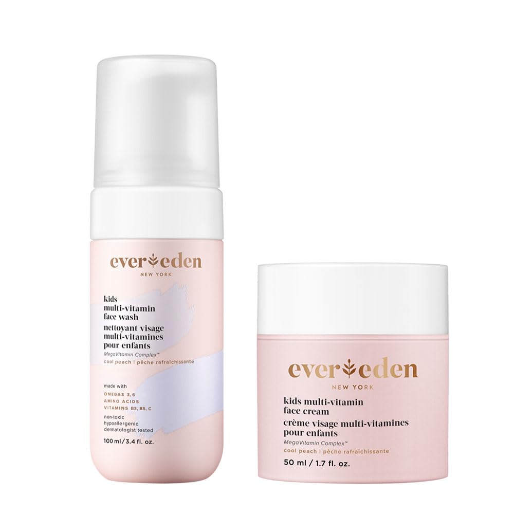 Evereden Kids Happy Face Duo (Cool Peach) - Multi-Vitamin Kids Face Wash & Cream Set - Clean, Vegan Skin Care for 3+ - Moisturizing, Nourishing, Protective