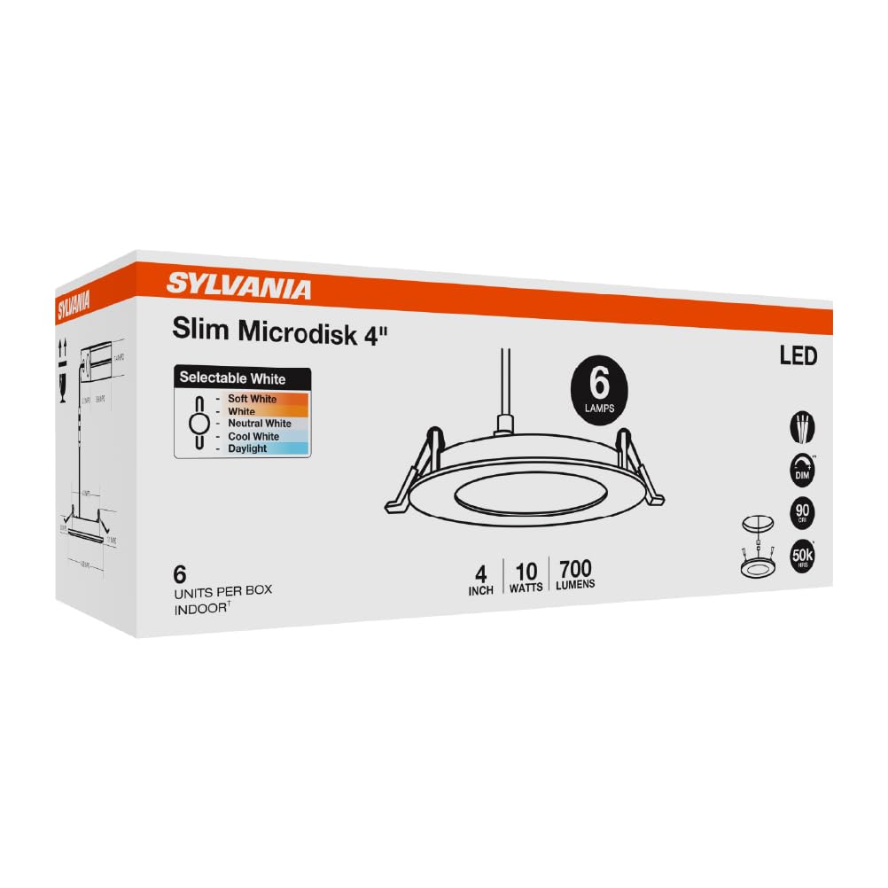 Sylvania 4" Slim Microdisk Downlight, 10W, 5 CCT Select (2700K - 5000K) Recessed Lighting, 700 LMS, 90 CRI, Dimmable, Wet-Rated, White - 6 Pack (61189)