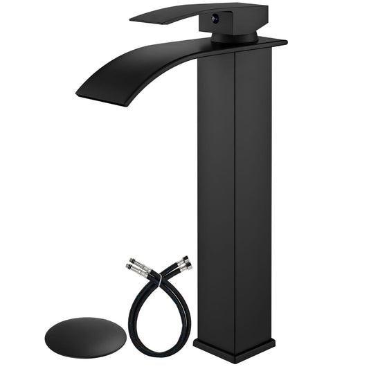 Airuida Vessel Sink Faucet, Matte Black Waterfall Spout Bathroom Faucet, Tall Single Handle One Hole Bowl Mixer Tap, Waterfall Spout Lavatory Vanity with Pop Up Drain