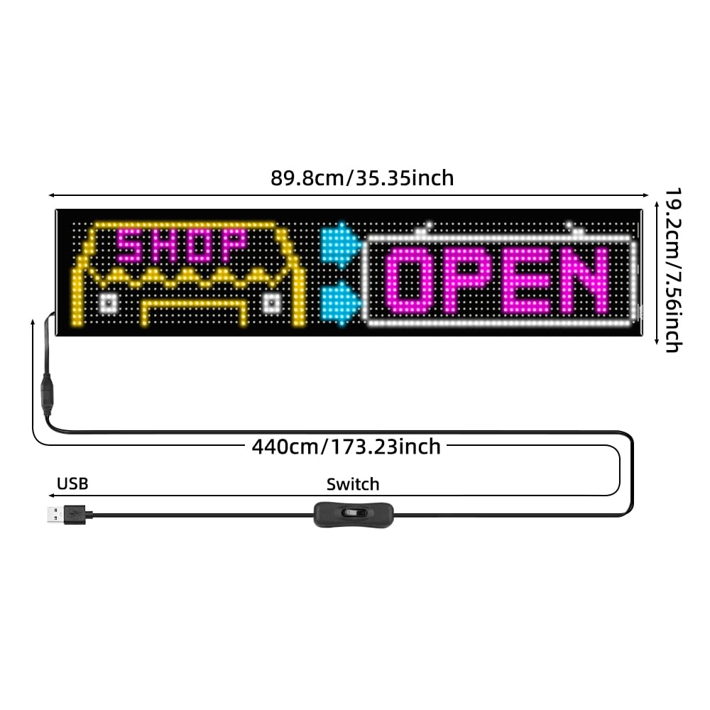 Programmable LED Sign, 35"x7.5" Scrolling Flexible Display, Bluetooth App Control, Custom Text, Patterns & Animations, USB 5V for Car, Store, Party, Bar, Hotel, Advertising Sign