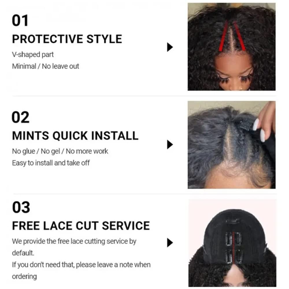 Nadula V Part Kinky Straight Wig Human Hair Glueless No Leave Out Upgraded U Part Wigs for Women,Yaki Straight V-part Wigs V Shape Clip in Half Wig No Glue Wear and Go 150% Density 20inch