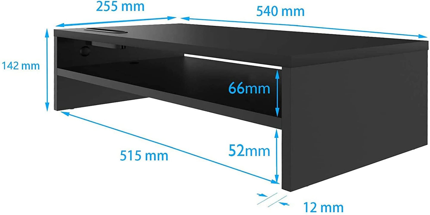 BONTEC Wood Monitor Stand Riser, 2-Tier Desktop Organizer with Storage, Ergonomic Computer Stand for Desk, Cable Management, Cellphone Holder, 21.3 Inch Shelf, Black