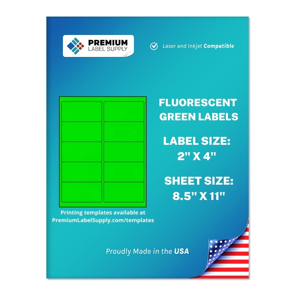 Premium Label Supply Bright Neon Color Fluorescent Stickers - 2" x 4" Labels - (Green Fluorescent, 1000 Labels)