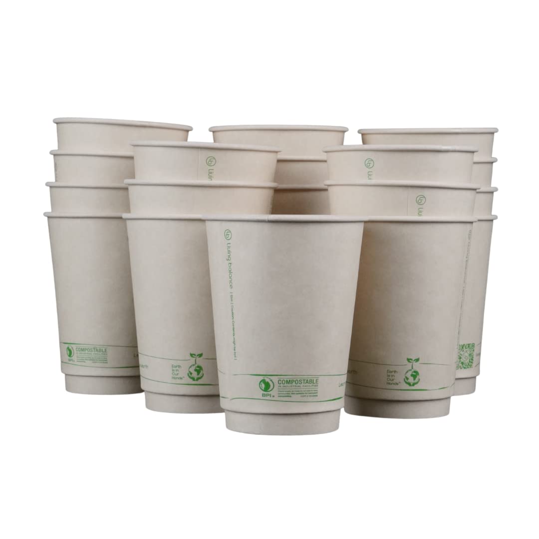 LB [ 12oz - 100 Pack ] Certified Compostable Coffee Cups by Living Balance | 100 compostable coffee cups with Integrated Sleeves | Leak Proof, BPA-Free, Sturdy & Biodegradable | Events, Home & Shops