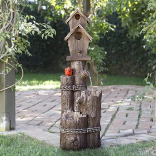 Alpine Corporation WCT1002 35" Tall Outdoor 3-Tier Birdhouse Water Fountain with Cardinal Accent, Rustic Floor Decor for Garden and Patio, Brown