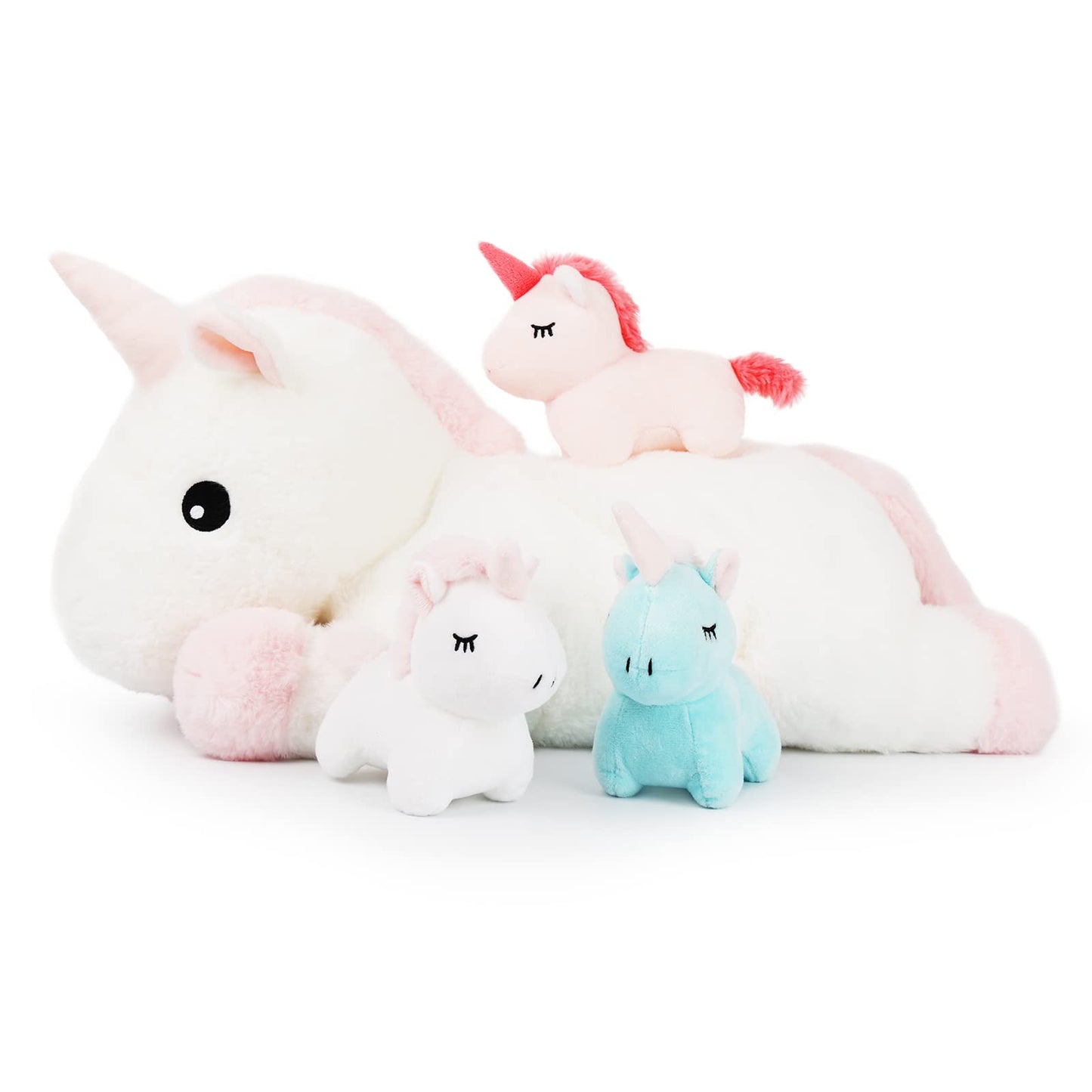 WEIGEDU Unicorn Mother and Kids Plush Toy Stuffed Animals - 4 in 1 Plush Mommy Unicorn PlaySet with 3 Babies Unicorns, Set of 4, 18 inches