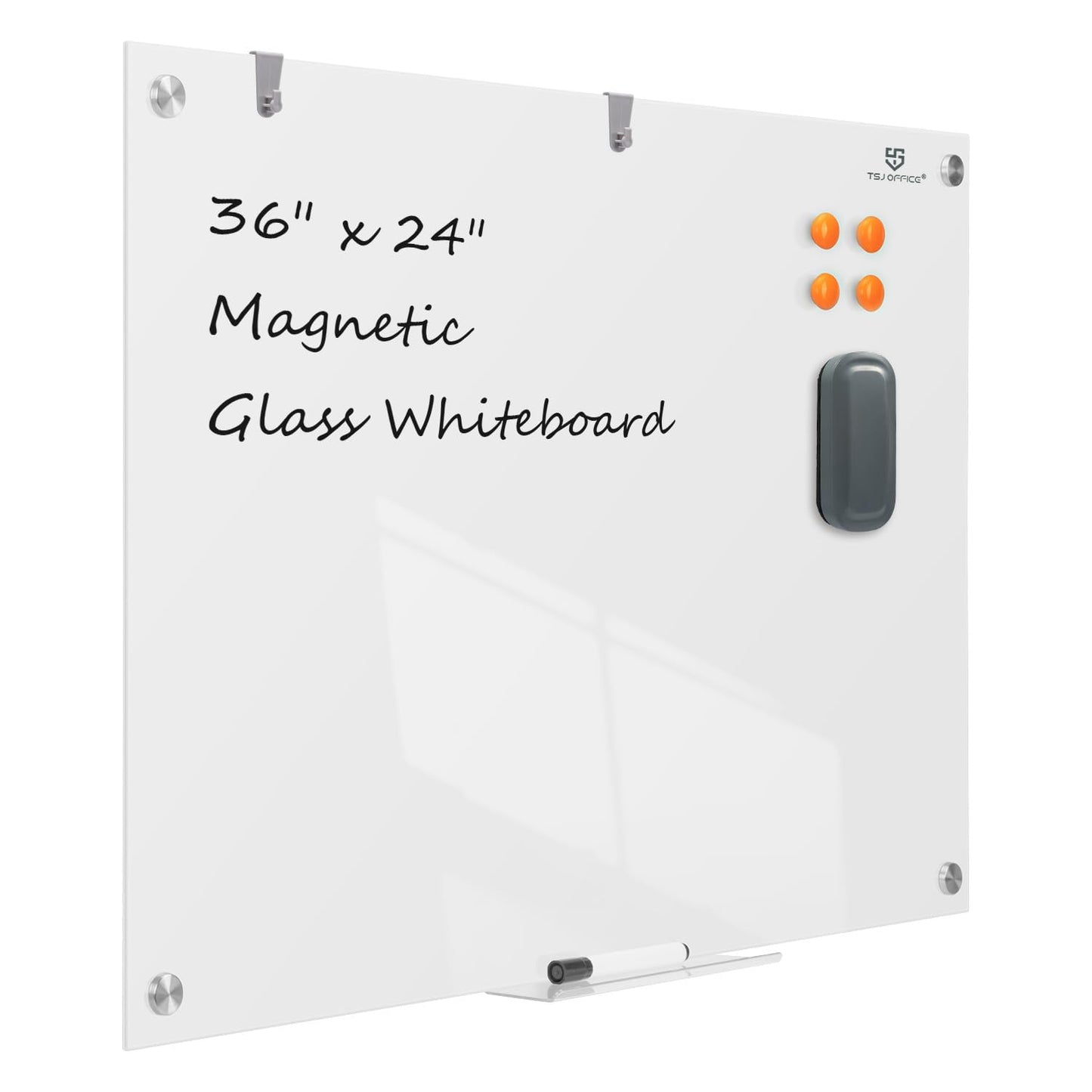 TSJ OFFICE Glass Dry-Erase Board - 36 x 24 Inches Brilliance White Magnetic Glass Whiteboard, Wall Mounted Large Frameless White Board for School, Home & Office