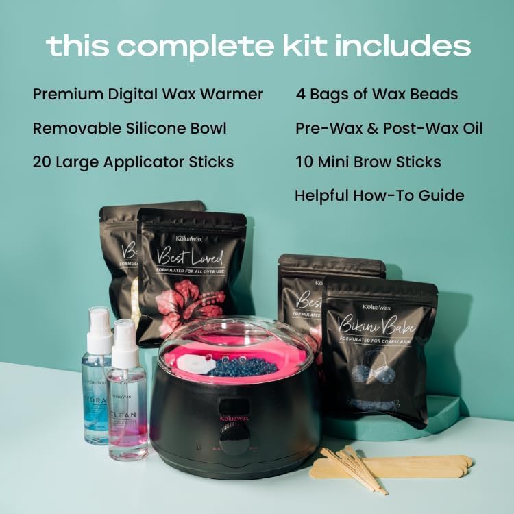 KoluaWax Premium Waxing Kit for Women - Hot Melt Hard Wax Warmer for Hair Removal, Eyebrow, Bikini, Legs, Face, Brazilian Wax - Machine (Pack of 4) Beads, Accessories, Black